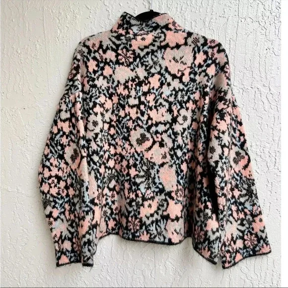 Zara Jacquard High Neck Wool Blend Floral Cozy Knit Sweater Pink Women's Size S - Picture 4 of 6